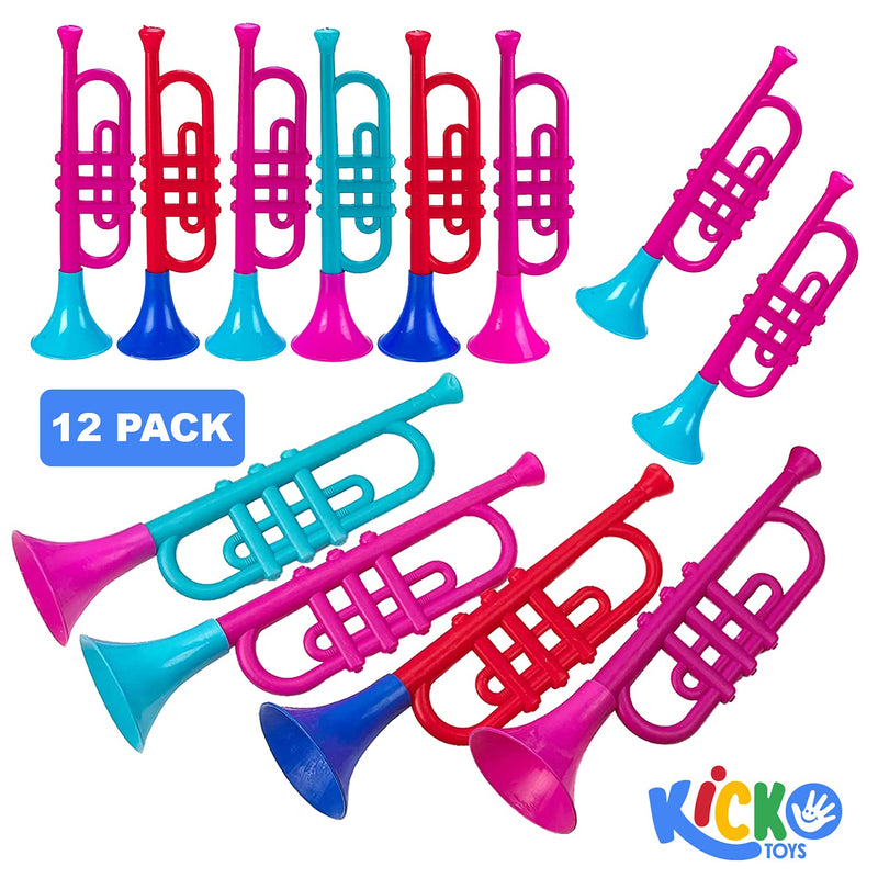 Kicko Plastic Trumpet - 12 Pack - 13.5 inches Multicolored Assorted Plastic Brass