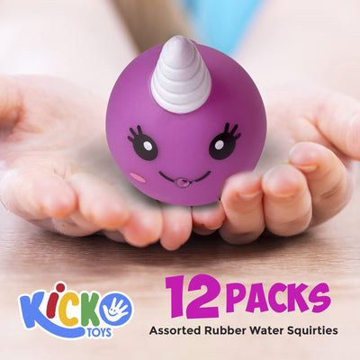 Kicko Narwhal Squirt Toy - Pack of 12 - 2 Inch Assorted Rubber Water Squirties - Bath