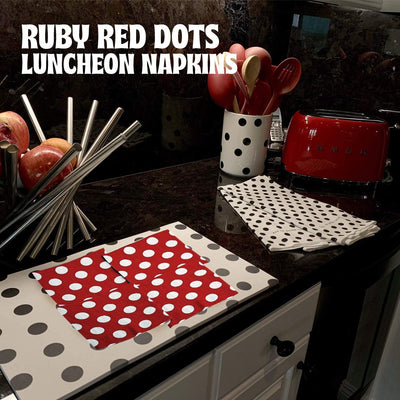 Kicko Ruby Red with White Polka Dots Paper Napkins - 64 Pack - 6.25 x 6.25 Inch