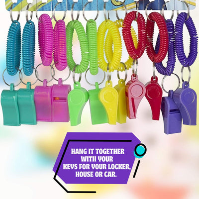 Kicko Colorful Whistle with Spiral Bracelet and Keychain - 36 Pack - Multi-colored