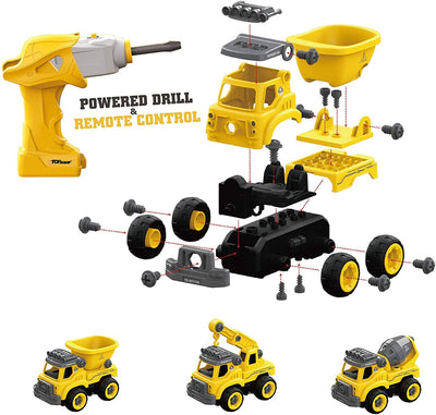 Toy Trucks | Take Apart Toys With Electric Drill | Converts To Remote Control Car | 3 In