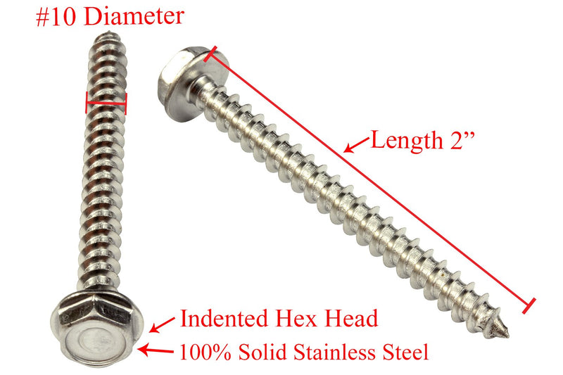 10 X 2" Stainless Indented Hex Washer Head Screw, (25 pc), 18-8 (304) Stainless Steel