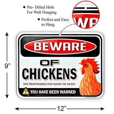 Beware of Chickens Warning Sign - Embossed Metal - 9 inches x 12 inches - Danger Sign