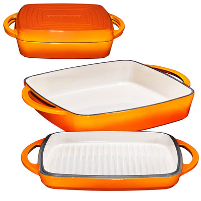 Enameled Square Cast Iron Large Baking Pan. Cookware Baking Dish With Griddle Lid 2In1