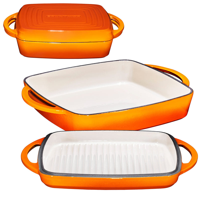 Enameled Square Cast Iron Large Baking Pan. Cookware Baking Dish With Griddle Lid 2In1