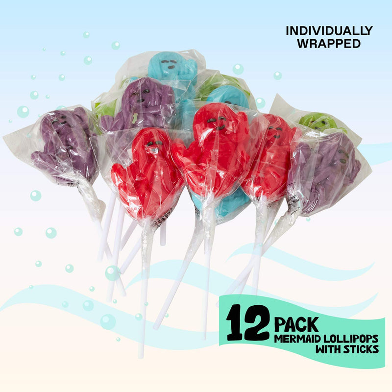 Kicko Mermaid Lollipops with Sticks - Pack of 12 2 Inch Flavored Animal Lollipops in a 4