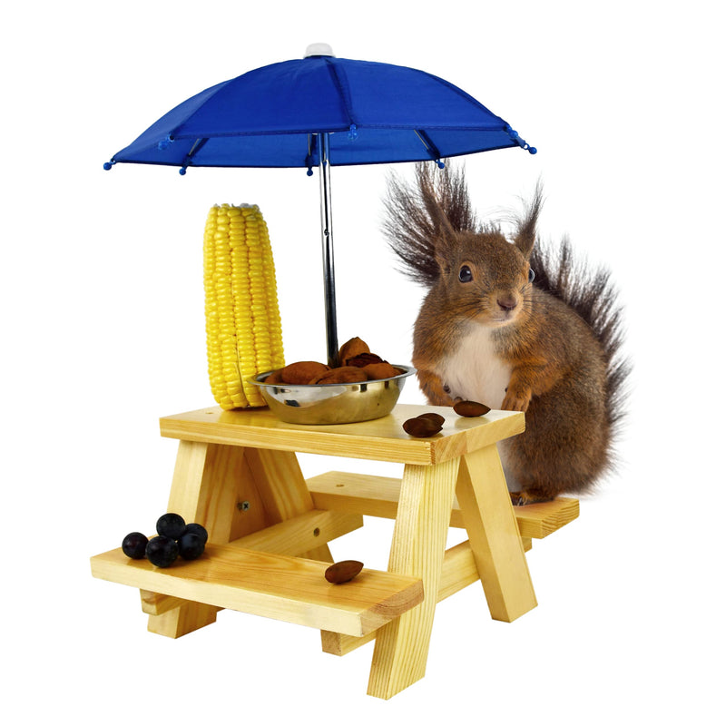 Squirrel Feeder Table With Umbrella - Solid Wooden Chipmunk Picnic Table Feeder