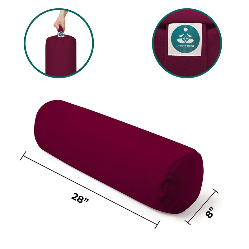 Present Mind Yoga Bolster Pillow - Round (Diameter 8") - Color: Burgundy - Removable