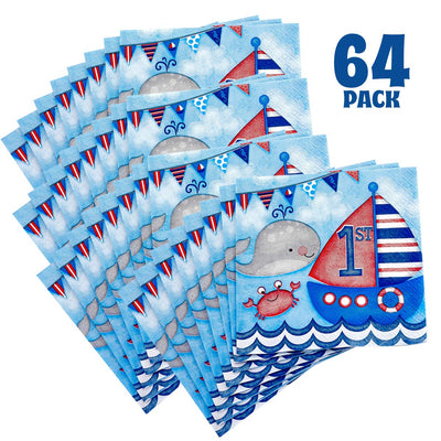 Kicko Nautical Blue First Birthday Paper Napkins - 64 Pack - 6.45 x 6.45 Inches