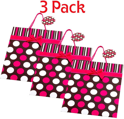 Large Pink Polka Dot Gift Bags With Bows - 3 Pack - 13 Inches - For Party Favors