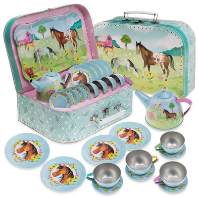 15 Piece Girls Pretend Toy Tin Tea Set Carrying Case Ballea