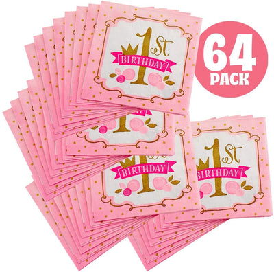 Kicko Pink and Gold First Birthday Paper Napkins - 64 Pack - 6.45 x 6.45 Inches