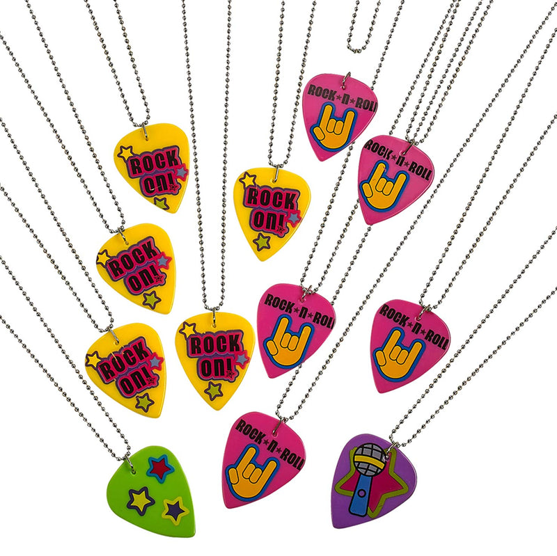 Kicko 12 Plastic Guitar Pick Necklaces - 24 Inch Metal Beaded Chain - 2 Inch Pendant