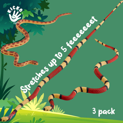 Kicko 22 Inch Mega Stretch Snake, 3 Pack - Elastic Reptile, Soft and Rubbery, Python