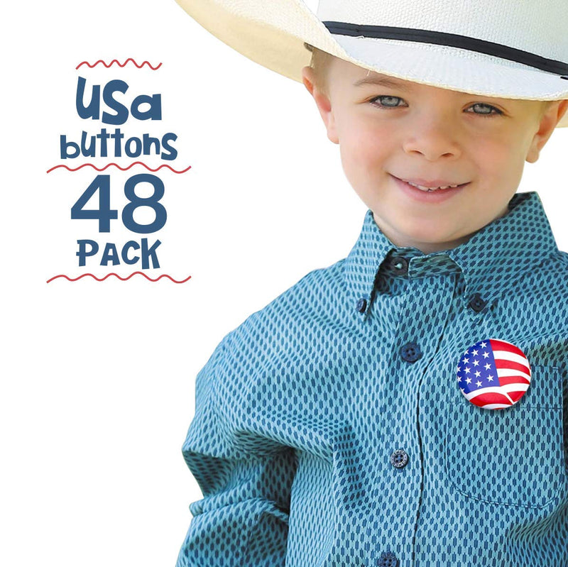 Kicko USA Buttons - 48 Pack, Patriotic American Pins - Party Favors