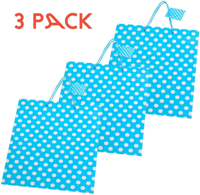 Kicko Large Blue Dot Gift Bags - 3 Pack - 13 Inches - for Party Favors, New Moms