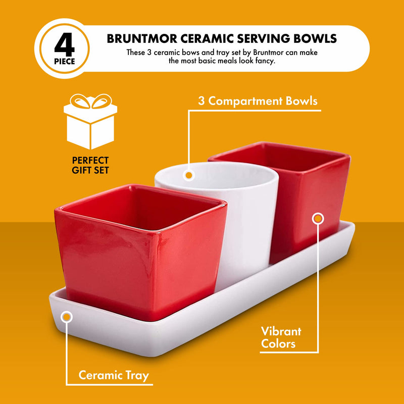 Bruntmor 4 Piece Ceramic Tray with 3 Compartment Serving Bowl Dishes For Dips & Snacks