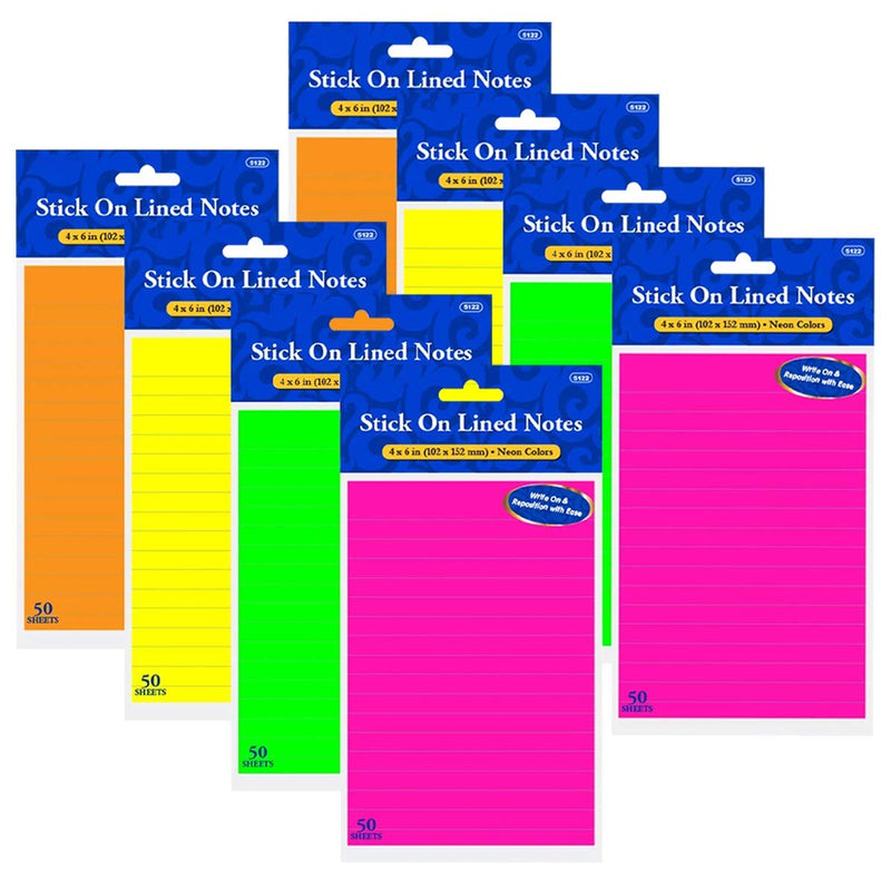 Stick On Lined Notes - 8 Packs Sticky Notepads, 400 Sheets - 4 X 6 Inch