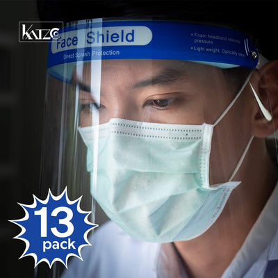 Katzco Reusable Face Shields - 13 Pack - Clear Full Face Visor Mask with Removable