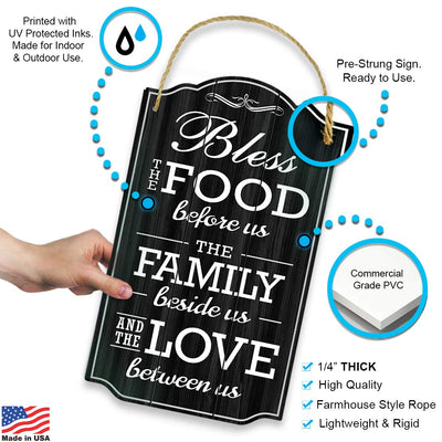 Bless Our Family Food Love Sign - Heart Warming Quote - Strong PVC w/ Rope for Hanging