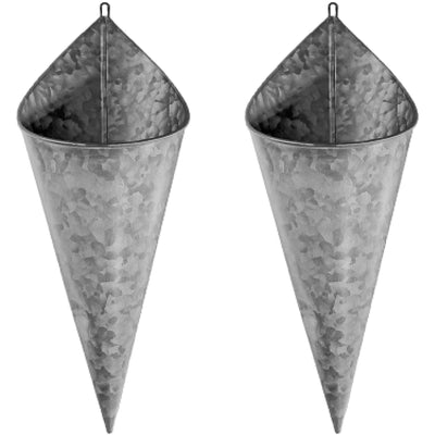 Hallops Galvanized Wall Planter - Two (2) Cone Metal Hanging Vase Container. Farmhouse