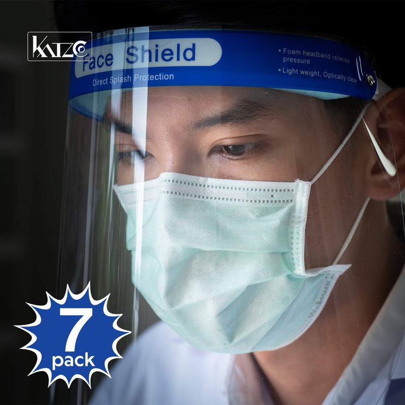 Katzco Reusable Face Shields - 7 Pack - Clear Full Face Visor Mask with Removable