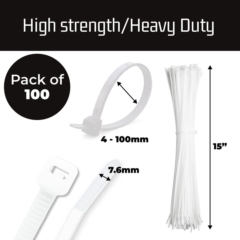 15" White Zip Cable Ties (100 Pack), 120Lbs Tensile Strength - Heavy Duty, SelfLocking