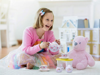 Jewelkeeper Porcelain Tea Set for Little Girls with Pink Picnic Basket, Floral Design, 13