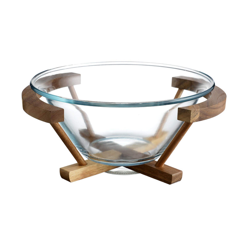 Glass Salad Serving Bowl with Acacia Wood Stand, 120