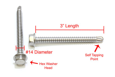 14 X 3'' Hex Washer Head Self Drilling Screws, (50 pc) 410 Stainless Steel Self Tapping