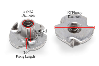 Stainless T-Nuts, 8-32 (25 Pack), Threaded Insert, Choose Size/Quantity, by Bolt Dropper