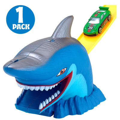 Kicko Megalodon Shark Racecar Track Set - Includes Shark Head, Car, Raceway, and Table