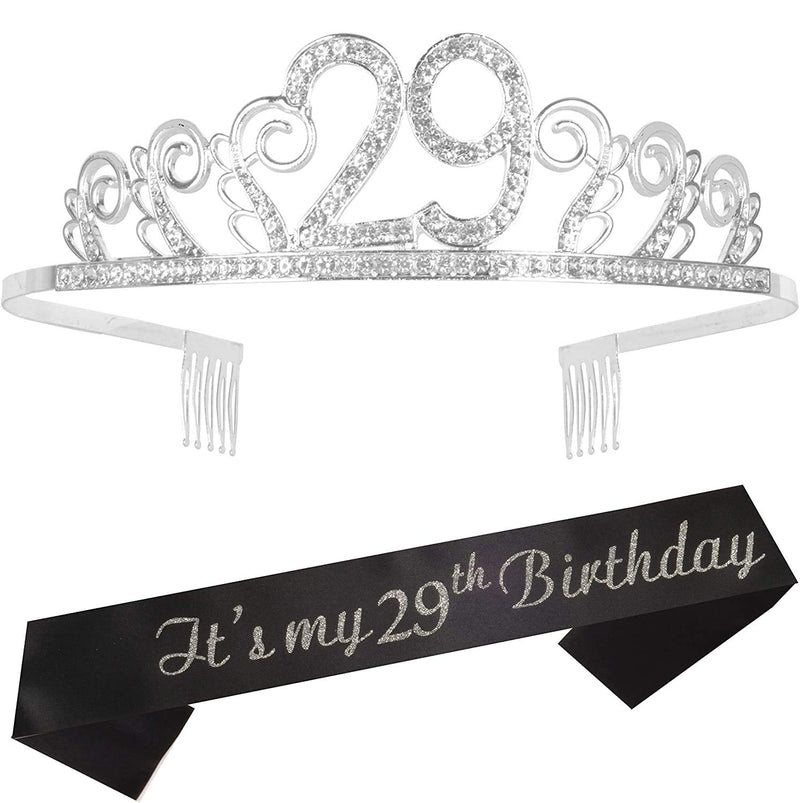 29th Birthday Sash And Tiara For Women - Fabulous Set: Glitter Sash + Waves