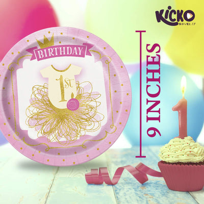 Kicko Pink and Gold First Birthday Paper Plates - 16 Pack - Disposable Dinner Accessories