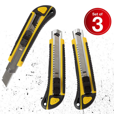 Kicko Self-Loading Cutter - Set of 3-18mm Snap-Off Blade, Rubberized Handle, Hard Plastic