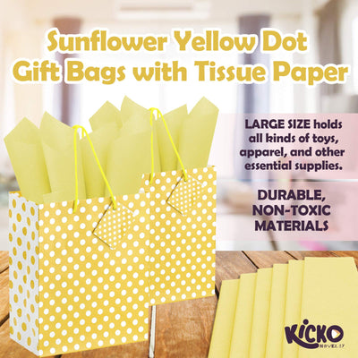 Kicko Sunflower Yellow Dot Gift Bags with Tissue Paper - 13 Pieces - 9 Inches - for Party