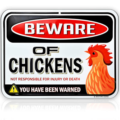 Beware of Chickens Warning Sign - Embossed Metal - 9 inches x 12 inches - Danger Sign