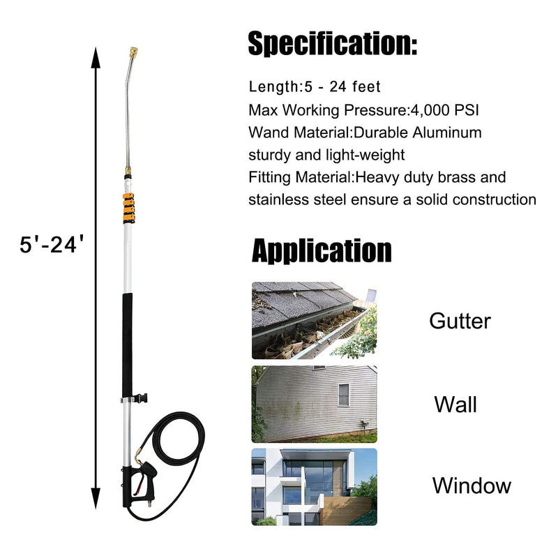 EDOU 24 FT Telescoping Wand Pressure Washer Extension Wand with 15 Degree Extension Wand