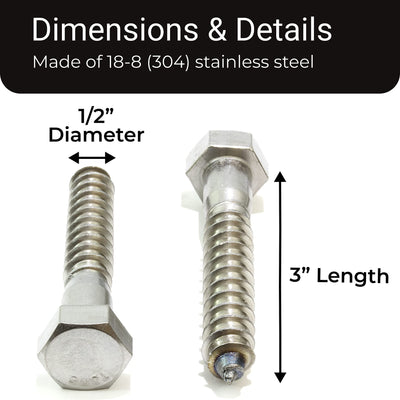 3/8" X 4-1/2" Stainless Hex Lag Bolt Screws, (10 Pack) 304 (18-8) Stainless Steel, by Bolt