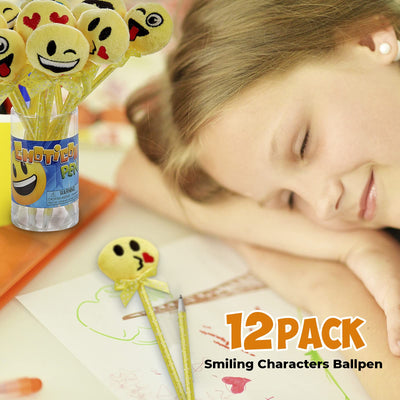 Emoticon Pens - 12 Pack - 8.5 Inch Smiling Characters Ballpen with Stylish Ribbon