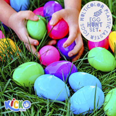 Kicko Plastic Easter Egg Hunt Set - 16 Pack Prefilled Eggs with Stickers - 4 Colors -