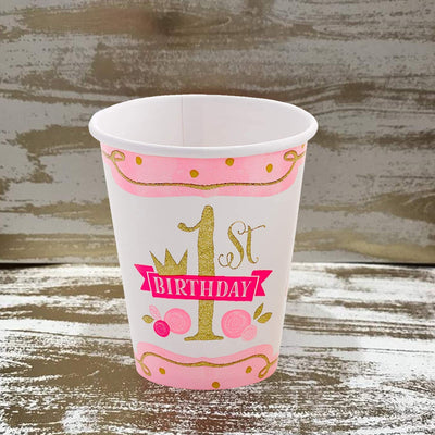 Kicko Paper Cups for First Birthday - 32 Pack, Pink and Gold - 9 Ounces - Disposable