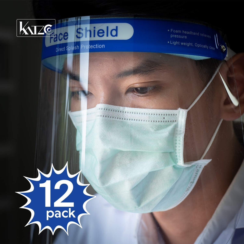 Katzco Reusable Face Shields - 12 Pack - Clear Full Face Visor Mask with Removable