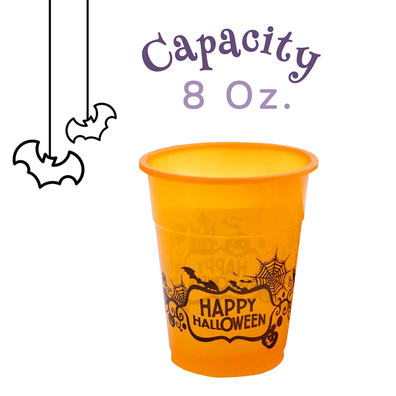 Halloween Orange Happy Halloween Plastic Party Reusable Cups - Bulk Pack of 50, 6", 8oz