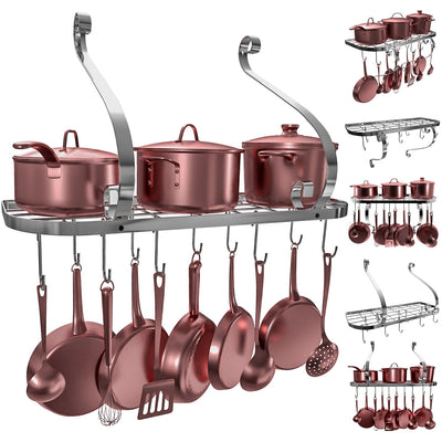 Square Grid Wall Mount Pot Rack, Bookshelf Rack With 10 Hooks, Kitchen Cookware, 24 By