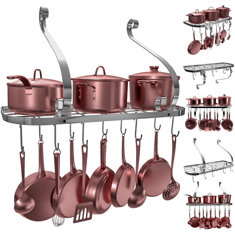 Square Grid Wall Mount Pot Rack, Bookshelf Rack With 10 Hooks, Kitchen Cookware, 24 By