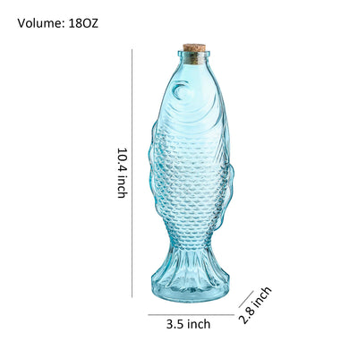 10.5" H 18 Ounce Blue Glass Decorative Bottles, Fish Shaped Bottles With Cork Set