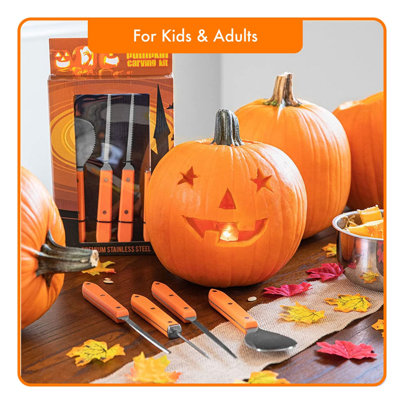 Professional Pumpkin Carving Kit - Extra Large Stainless Steel Tools (4 Pieces) - Pumpkin