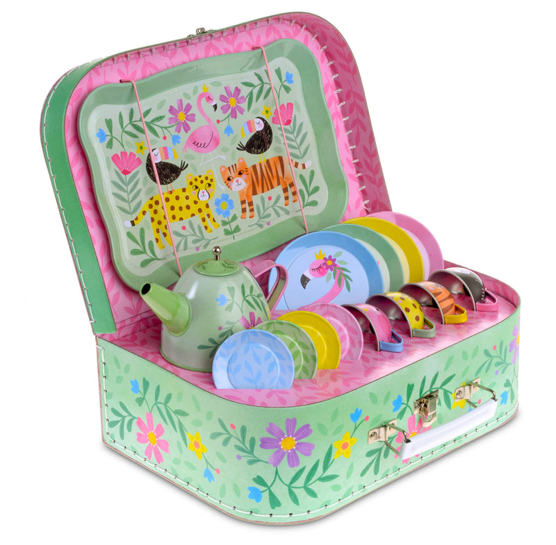 15 Piece Girls Pretend Toy Tin Tea Set Carrying Case Ballea