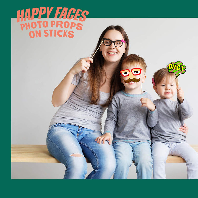 Kicko Happy Faces Photo Props on Sticks - 16 Pack - Multiple Sizes - for Kids, Party